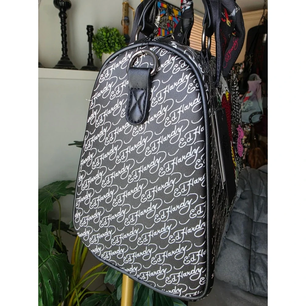 Ed Hardy Love Rhinestone Heart Satchel Bag Black White Tattoo Print Scarf Handle